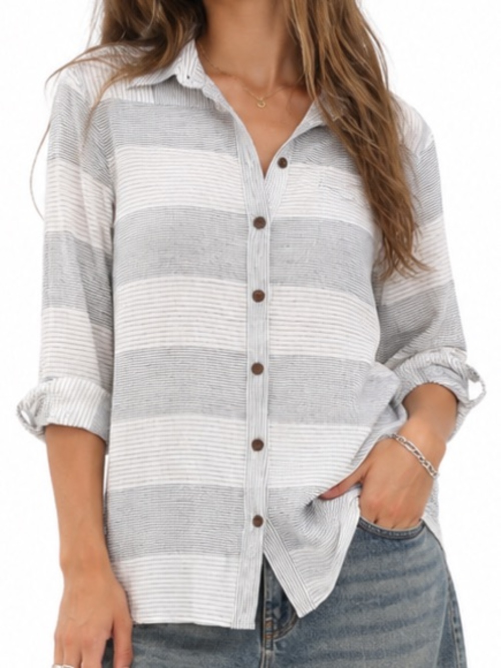 Foxcroft Cotton Linen Blend Striped Button Down Tunic Shirt